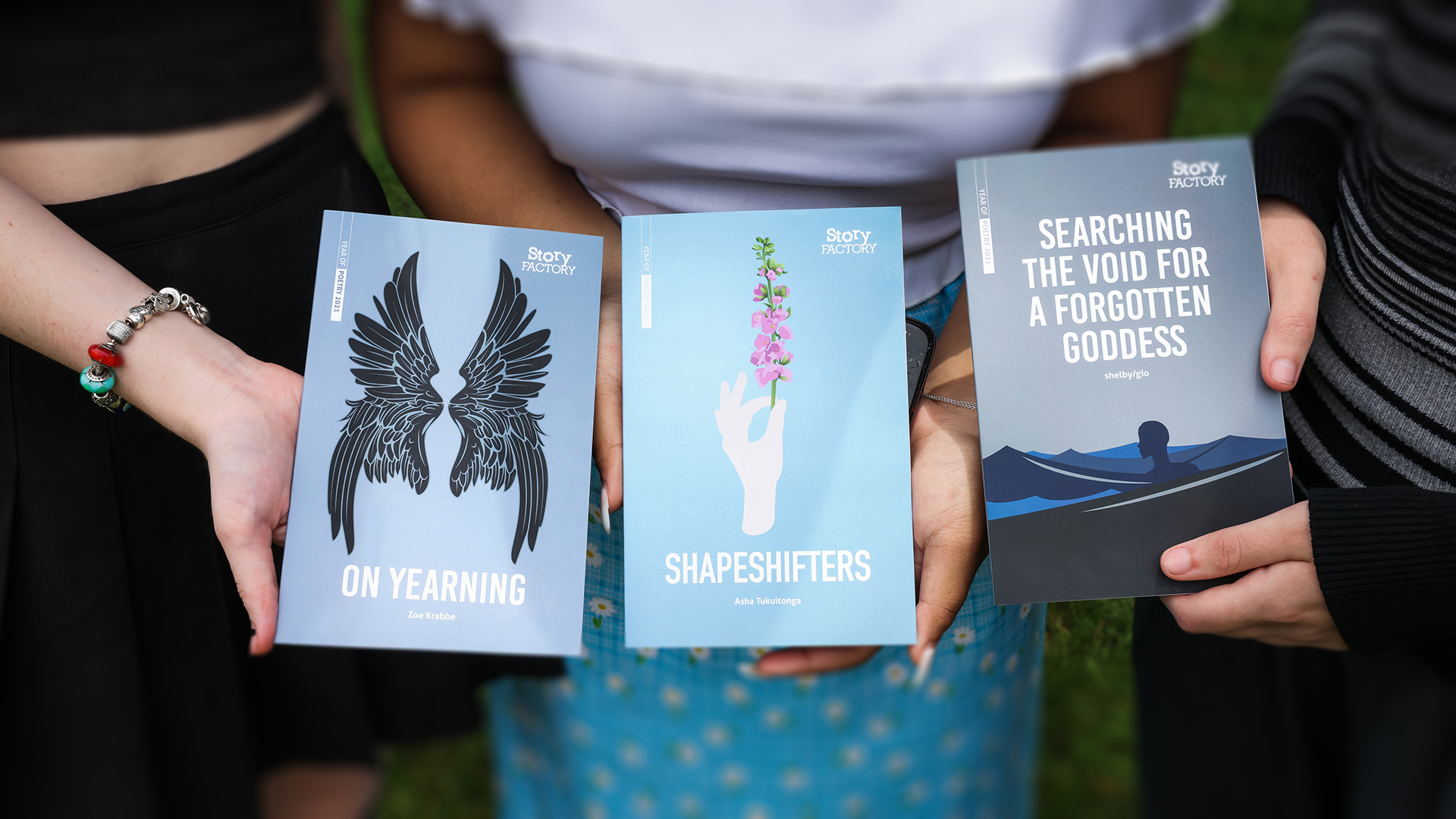 Photo shows a number of books produced by young people from previous Year of the Novella and Year of Poetry.