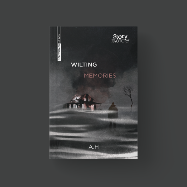 Image shows the cover of Wilting Memories, a black book cover with the dark, eery house and a shadowy figure covered in fog.