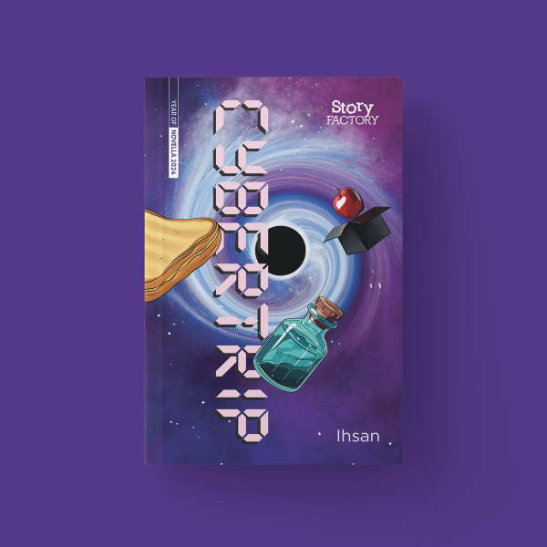 Cover of Cybertrip, a purple book showing a black hole, with an apple, box, glass bottle and sandwich being sucked into the hole.
