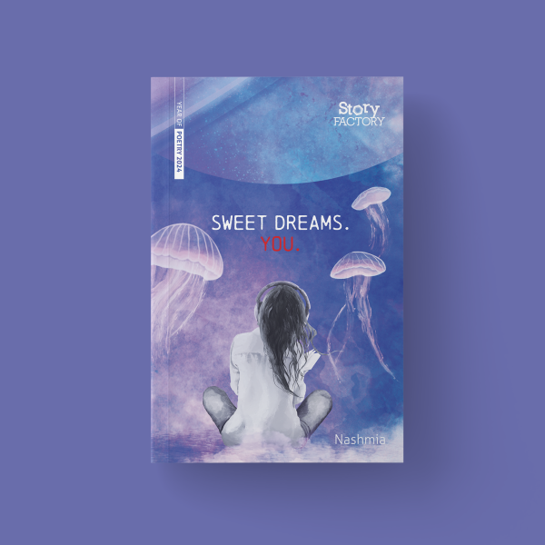 Seen is an excerpt from Sweet Dreams. You. Image shows cover of Cover of Sweet Dreams. You. The back of a girl sitting cross-legged, with headphones on, in a purple and blue cloud of jellyfish.