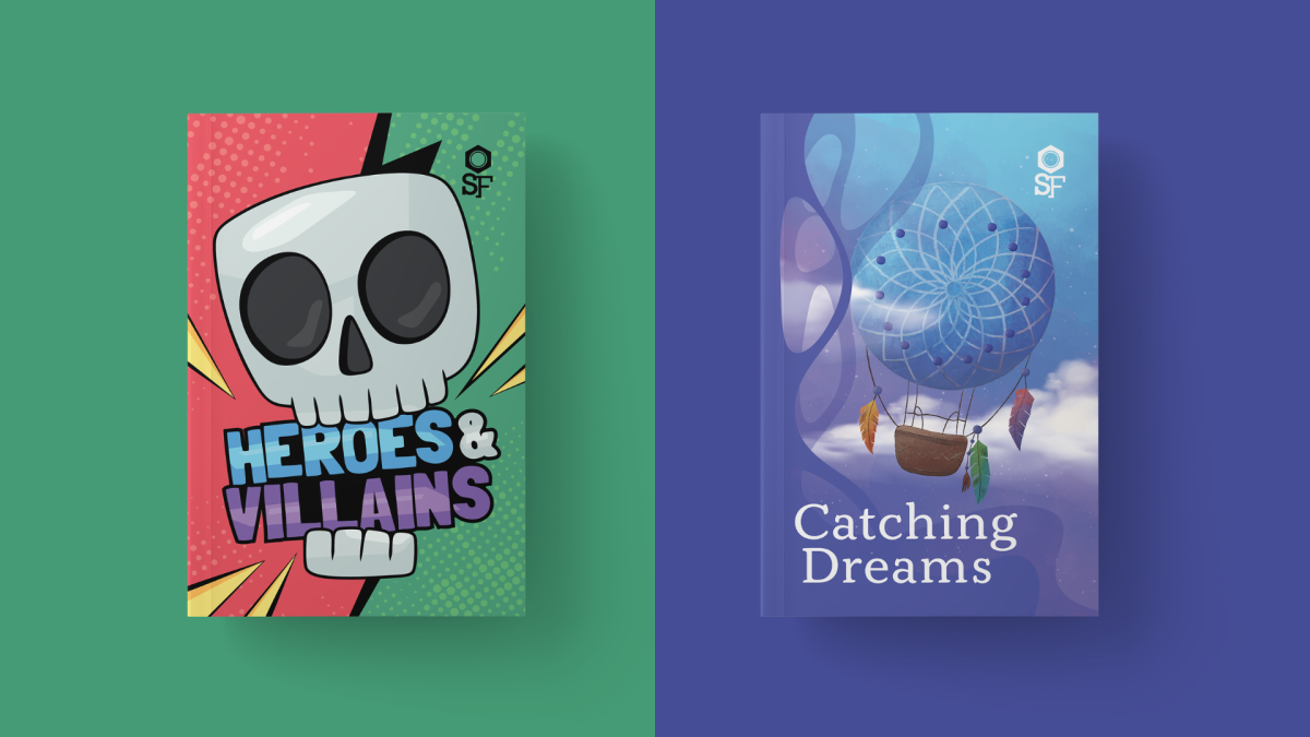 Front and Back covers of Be Someone. Half the image is green, with a green and red book cover featuring a skull eating the words: Heroes and Villains. The other side is purple, and feature a dream landscape with the words Catching Dreams
